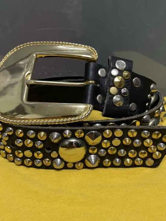 Michael Morrison Small Black Leather Gold & Silver Buckle Studded Statement Belt - Picture 2 of 11
